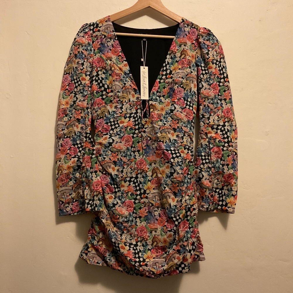 For Love & Lemons June Checkered Mini Dress Psychedelic Hippy Festival‎ Print Sm